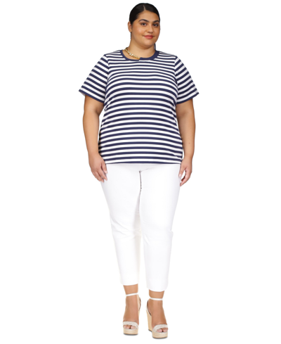 Michael Kors Michael  Plus Size Striped Knit Short-sleeve Top In Midnight Blue