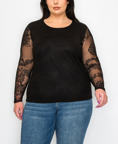 Coin 1804 Plus Size Dragon Print Mesh Scoop Neck Long Sleeve Top In Black