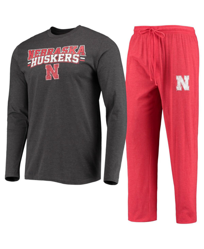 Concepts Sport Scarlet/heathered Charcoal Nebraska Huskers Meter Long Sleeve T-shirt & Pants Sleep S In Scarlet,heathered Charcoal