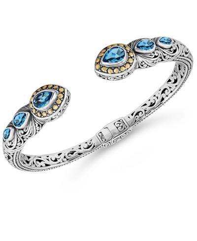 Devata Blue Topaz And Peridot Bali Filigree Hinge Cuff Bracelet In Sterling Silver And 18k Gold In Silver/ Blue
