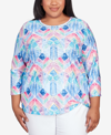 ALFRED DUNNER PLUS SIZE CLASSIC DENIM STAINED GLASS GROMMET HEM TOP