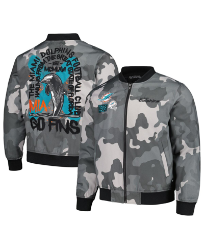 The Wild Collective Men's And Women's  Gray Distressed Miami Dolphins Camo Bomber Jacket