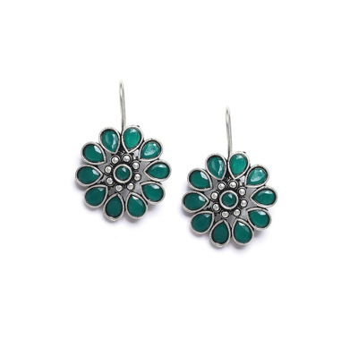 Sohi Women's Green Oxidized Flora Drop Earrings