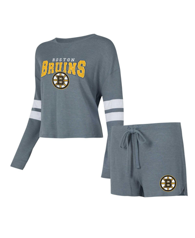 CONCEPTS SPORT WOMEN'S CONCEPTS SPORT GRAY DISTRESSED BOSTON BRUINS MEADOWÂ LONG SLEEVE T-SHIRT AND SHORTS SLEEP SE