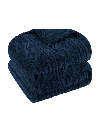 Superior Boho Knit Jacquard Fleece Plush Fluffy Blanket, Twin In Navy Blue