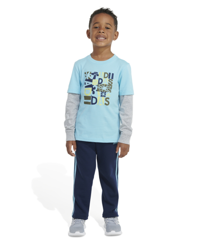 Adidas Originals Kids' Little Boys Layered Cotton T-shirt And Fleece Pants Set, 2 Piece In Light Aqua