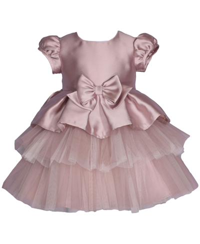Bonnie Baby Baby Girls Short Sleeved Mikado Tiered Dress With Bow In Taupe