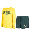 CONCEPTS SPORT WOMEN'S CONCEPTS SPORT GREEN, GOLD GREEN BAY PACKERS RAGLAN LONG SLEEVE T-SHIRT AND SHORTS LOUNGE SE