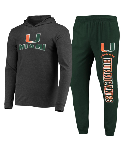 CONCEPTS SPORT MEN'S CONCEPTS SPORT GREEN, HEATHER CHARCOAL MIAMI HURRICANES METER LONG SLEEVE HOODIE T-SHIRT AND J