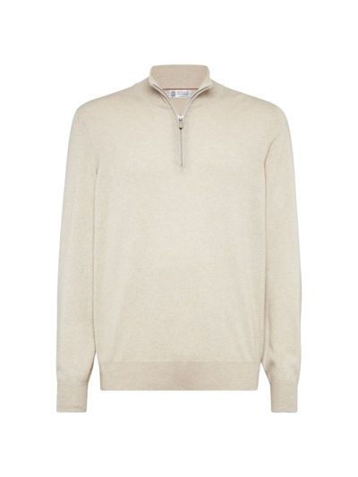 Brunello Cucinelli Men's Cashmere Turtleneck Sweater With Zipper In Sand