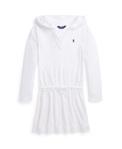 Polo Ralph Lauren Kids' Big Girls Hooded Terry Cover-up Swimsuit In White With Navy Pony Player