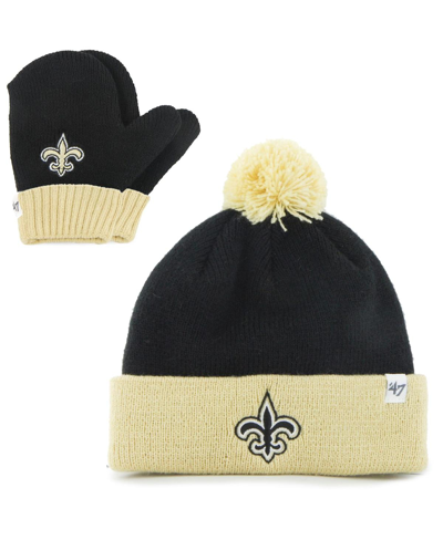 47 Brand Babies' Toddler Unisex Black And Gold New Orleans Saints Bam Bam Cuffed Knit Hat With Pom And Mittens Set In Black,gold