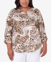 ALFRED DUNNER PLUS SIZE CLASSIC PUFF PRINT MIXED ANIMAL PRINT SPLIT NECK TOP