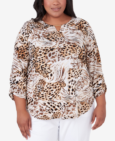 Alfred Dunner Plus Size Classic Puff Print Mixed Animal Print Split Neck Top In Tan