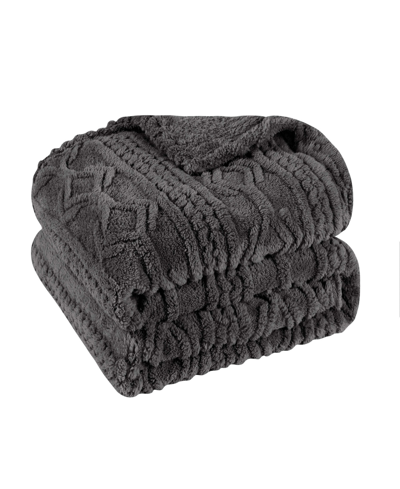 Superior Boho Knit Jacquard Fleece Plush Fluffy Blanket, Twin In Charcoal