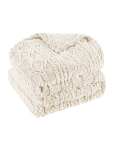 Superior Boho Knit Jacquard Fleece Plush Fluffy Blanket, Full/queen In Ivory