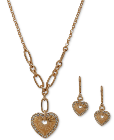 Anne Klein Gold-tone Pave Textured Heart Lariat Necklace & Drop Earrings Set In Crystal