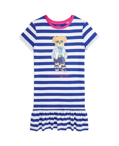 Polo Ralph Lauren Kids' Toddler And Little Girls Polo Bear Cotton Jersey T-shirt Dress In Brilliant Sapphire,white Stripe