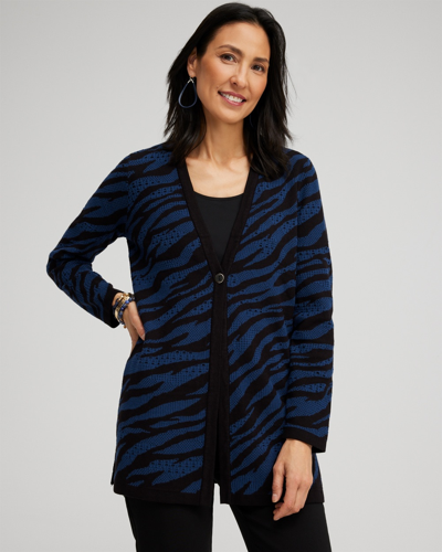 Chico's Double Knit Zebra Print Cardigan In Azores Blue