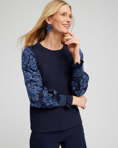 Chico's Embroidered Sleeve Top In Navy Blue Size Small |