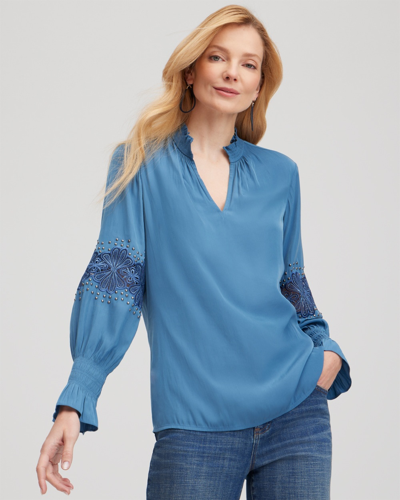 Chico's Floral Lace Detail Top In Blue Echo Size 8 |