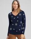 CHICO'S EMBELLISHED V-NECK PULLOVER IN NAVY BLUE SIZE 8/10 | CHICO'S