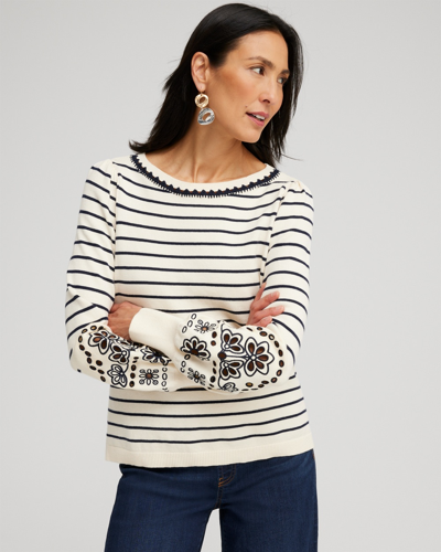Chico's Embroidered Stripe Pullover Sweater In Ivory