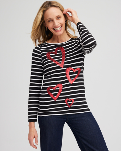 Chico's Stripe Sequin Hearts Tee In Black Size 4/6 |