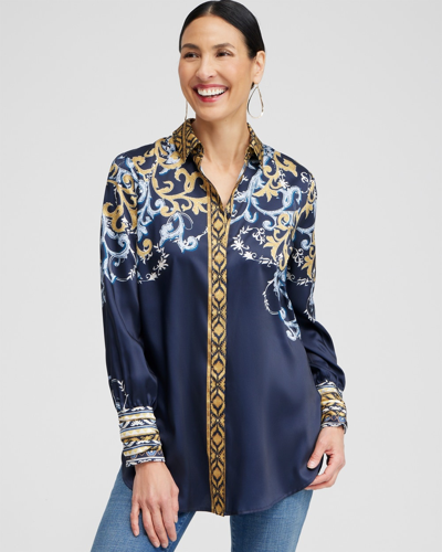 Chico's Ruched Cuff Placed Print Tunic In Azores Blue