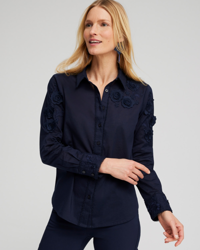 Chico's Floral Applique Blouse In Navy Blue Size 14 |