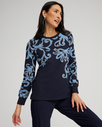Chico's Scroll Print Pullover Top In Navy Blue Size 16/18 |  Zenergy