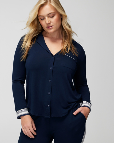 Soma Women's Cool Nights High-low Long Sleeve Notch Collar Sleep Top In Navy Blue Size Large |  In Nightfall Navy Blue