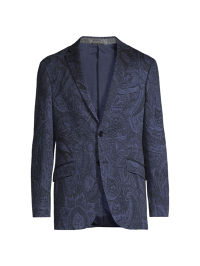 Etro Men Single-breasted Jacquard Cotton Jacket With Floral Pattern In Blue