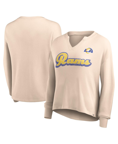 Fanatics Women's  Tan Distressed Los Angeles Rams Go For It Notch Neck Waffle Knit Long Sleeve T-shir