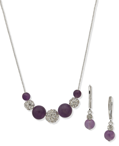 Anne Klein Silver-tone Pave Fireball & Gemstone Statement Necklace & Drop Earrings Set In Amey