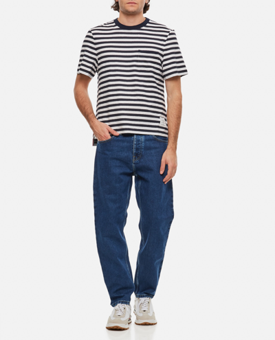 Thom Browne Linen Striped Pocket T-shirt In Blue