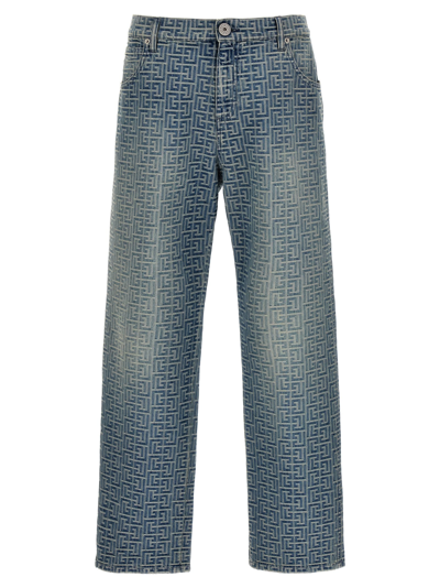 Balmain Jeans With Monogram Motif All-over In Grey