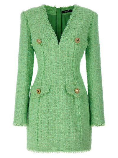 Balmain Green Logo Button Tweed Dress