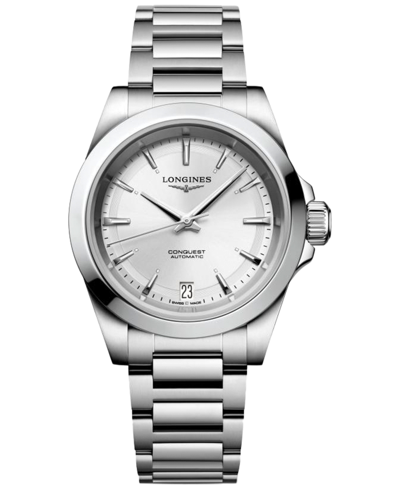 Longines Women's Swiss Automatic Conquest Diamond Accent Stainless Steel Bracelet Watch 34mm In Silver