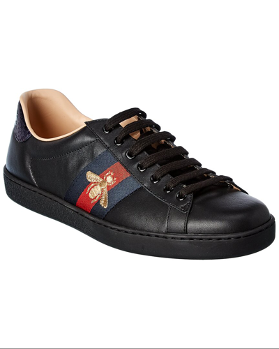 Gucci Ace Embroidered Bee Leather Sneaker In Black
