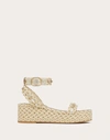 Valentino Rockstud 45 Rope & Leather Wedge Sandal In Natural/ivory/gold/platinum