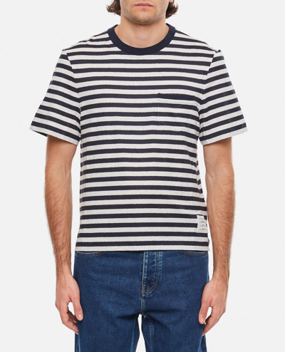 Thom Browne Linen Striped Pocket T-shirt In Blue