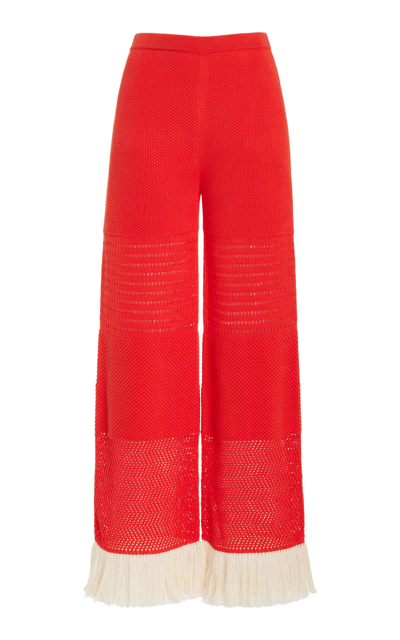 Escvdo Carisa Fringe-detailed Knit Cotton Wide-leg Trousers In Red