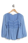 LUCKY BRAND EMBROIDERED YOKE LONG SLEEVE BLOUSE