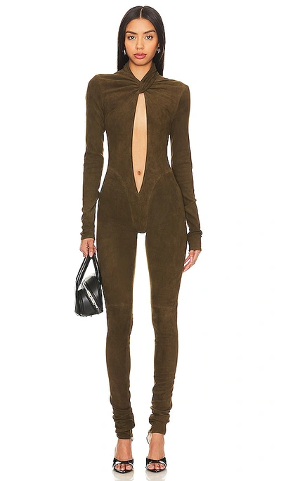 Laquan Smith Front Keyhole Jumpsuit In Olive