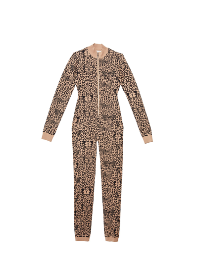 Fleur Du Mal Knit Zip Front Catsuit In Tan Butterfly Jacquard