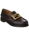Fendi Black Leather Baguette Loafers With Gold-tone Buckle Detail In Black