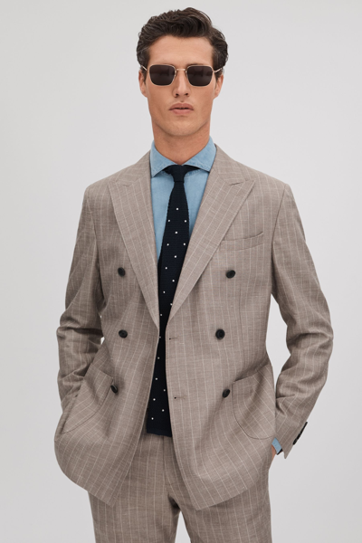 Reiss Epsom - Mocha Slim Fit Wool-silk-linen Double Breasted Blazer, Uk 46