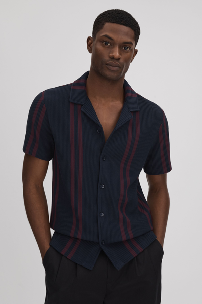 Reiss Castle - Navy/bordeaux Ribbed Striped Cuban Collar Shirt, Xxl