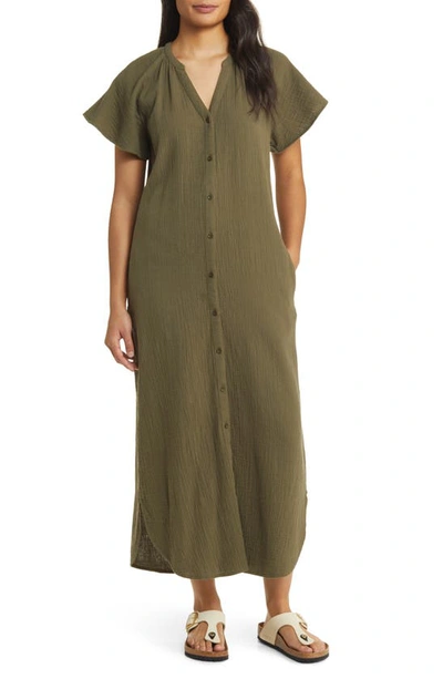 Caslon Double Cotton Gauze Vacation Shirtdress In Olive Sarma